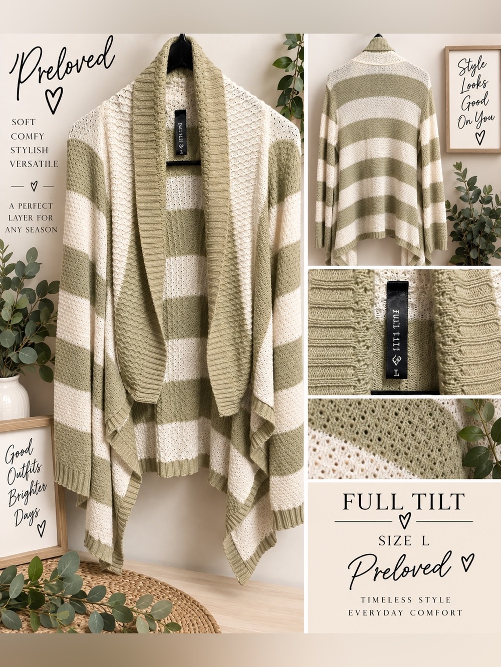 #10 Preloved Full Tilt Sage Green Ivory Striped Open Front Cardigan Size L